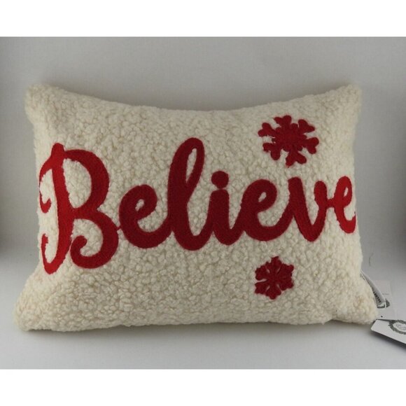New Christmas Throw Pillow Rectangle Embroiderd Red Believe White 17"x12" - Picture 1 of 6